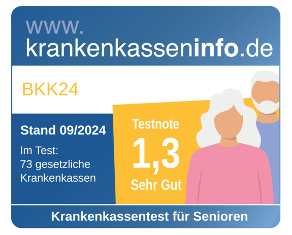 Siegel Krankenkasseninfo besonders gut geeignete Krankenkasse für Senioren mit der Note 1,3